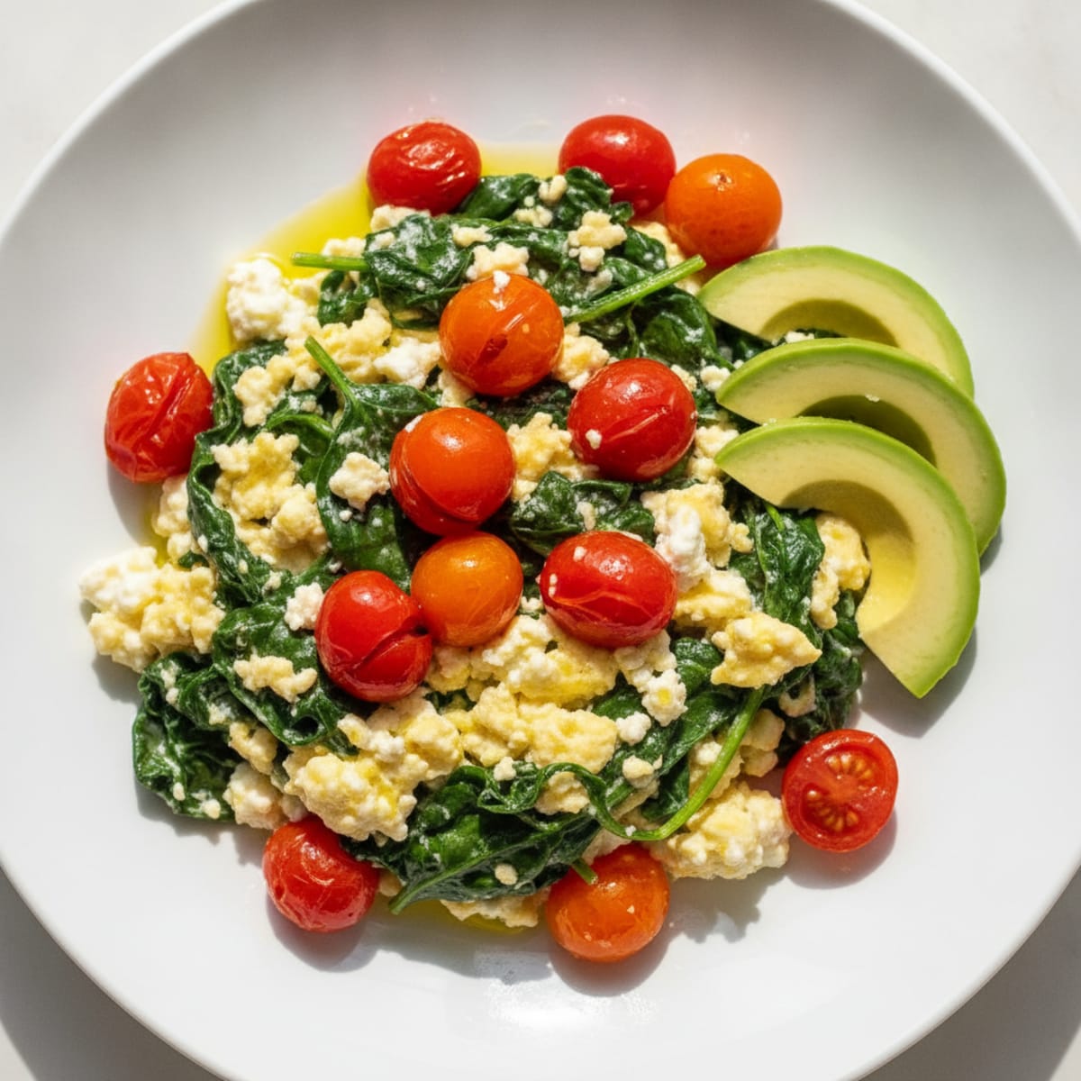 Cottage Cheese Egg Scramble with Sautéed Spinach and Cherry Tomatoes