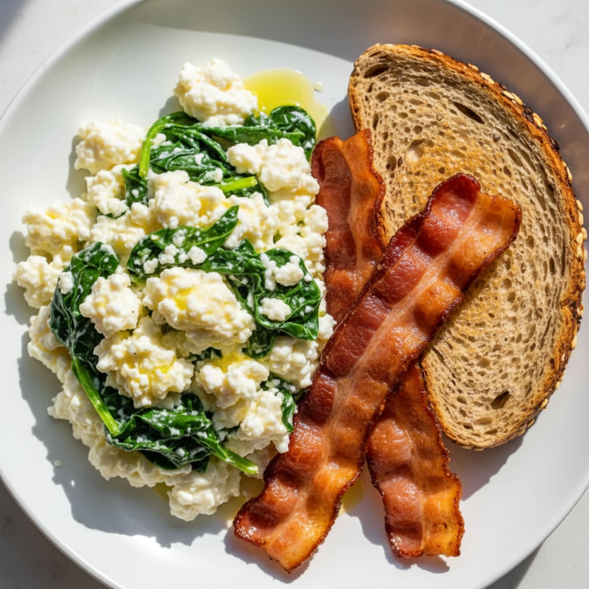 Cottage Cheese Egg White Scramble with Spinach and Turkey Bacon
