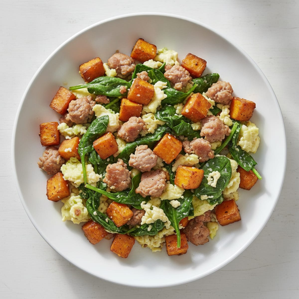 Egg White and Turkey Sausage Scramble with Spinach and Sweet Potato