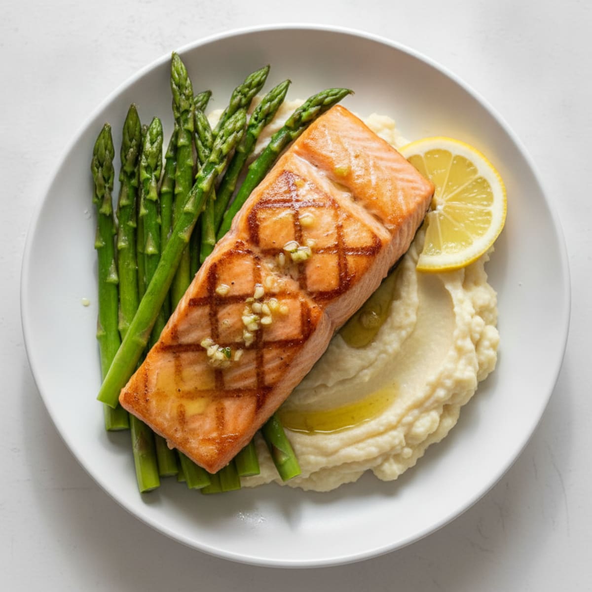 Seared Salmon with Steamed Asparagus and Cauliflower Mash