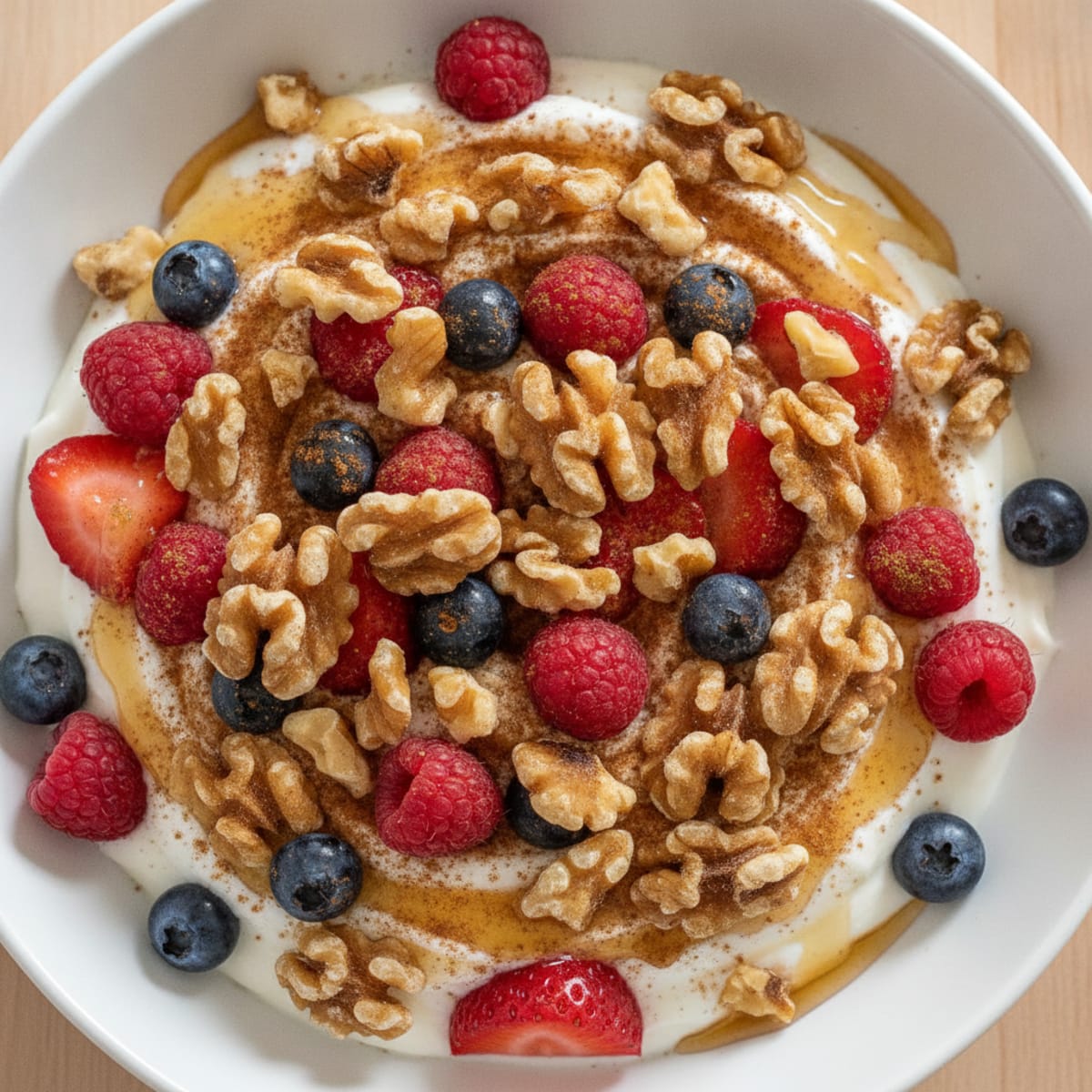 Greek Yogurt Bowl with Chopped Walnuts and Mixed Berries