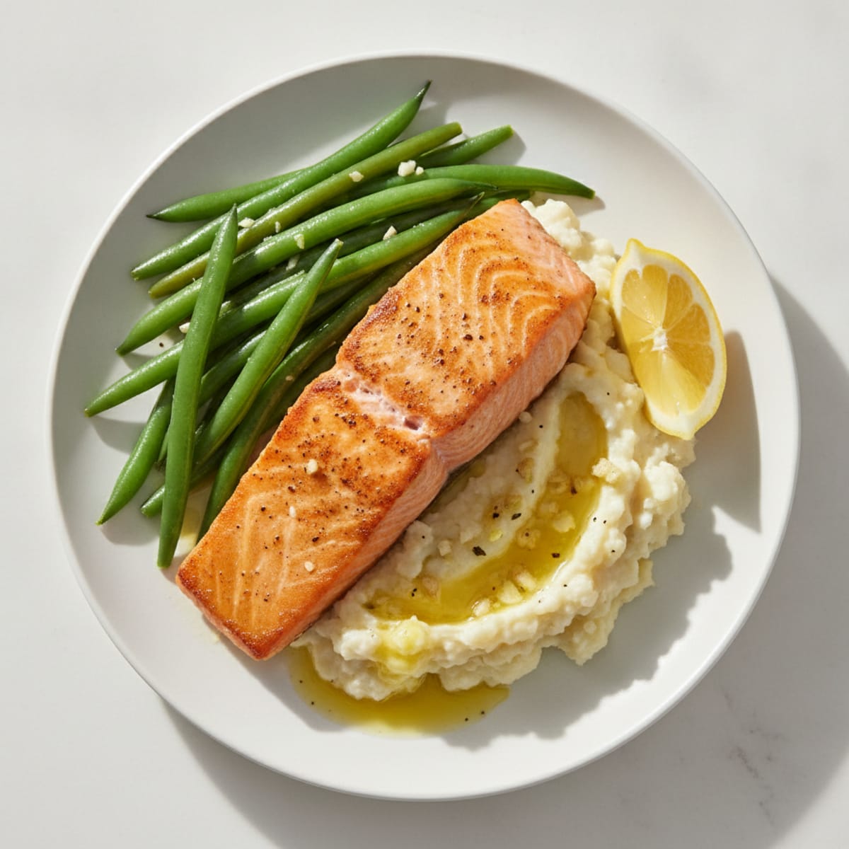 Seared Salmon with Steamed Green Beans and Garlic Mashed Cauliflower