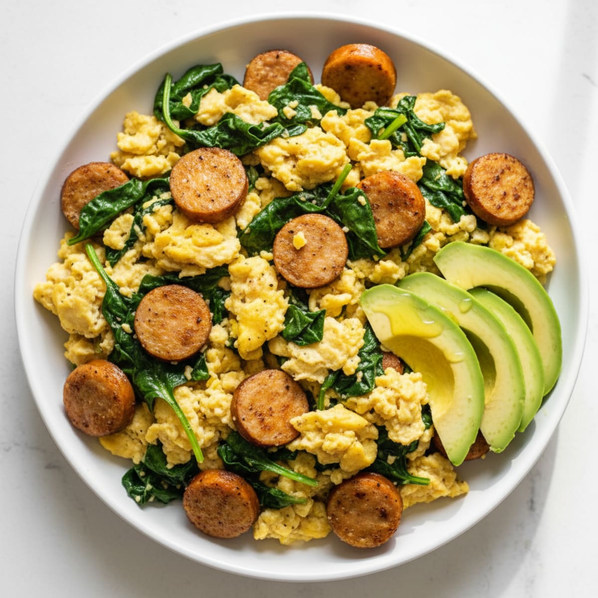 Chicken Sausage and Spinach Egg Scramble