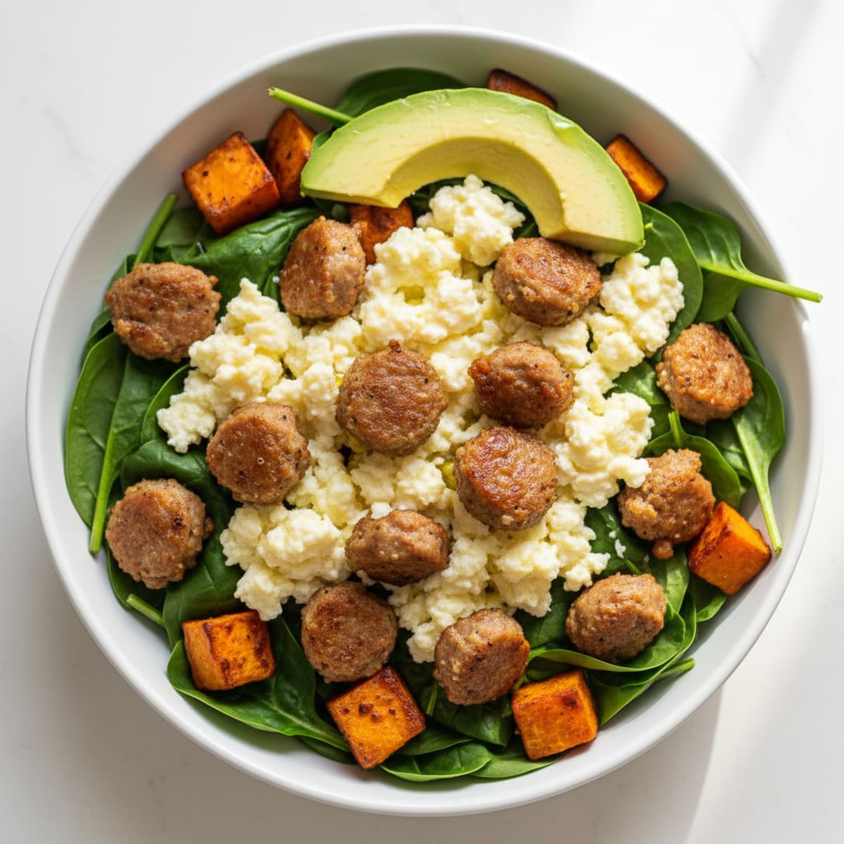 Crispy Turkey Sausage and Egg White Breakfast Bowl with Spinach