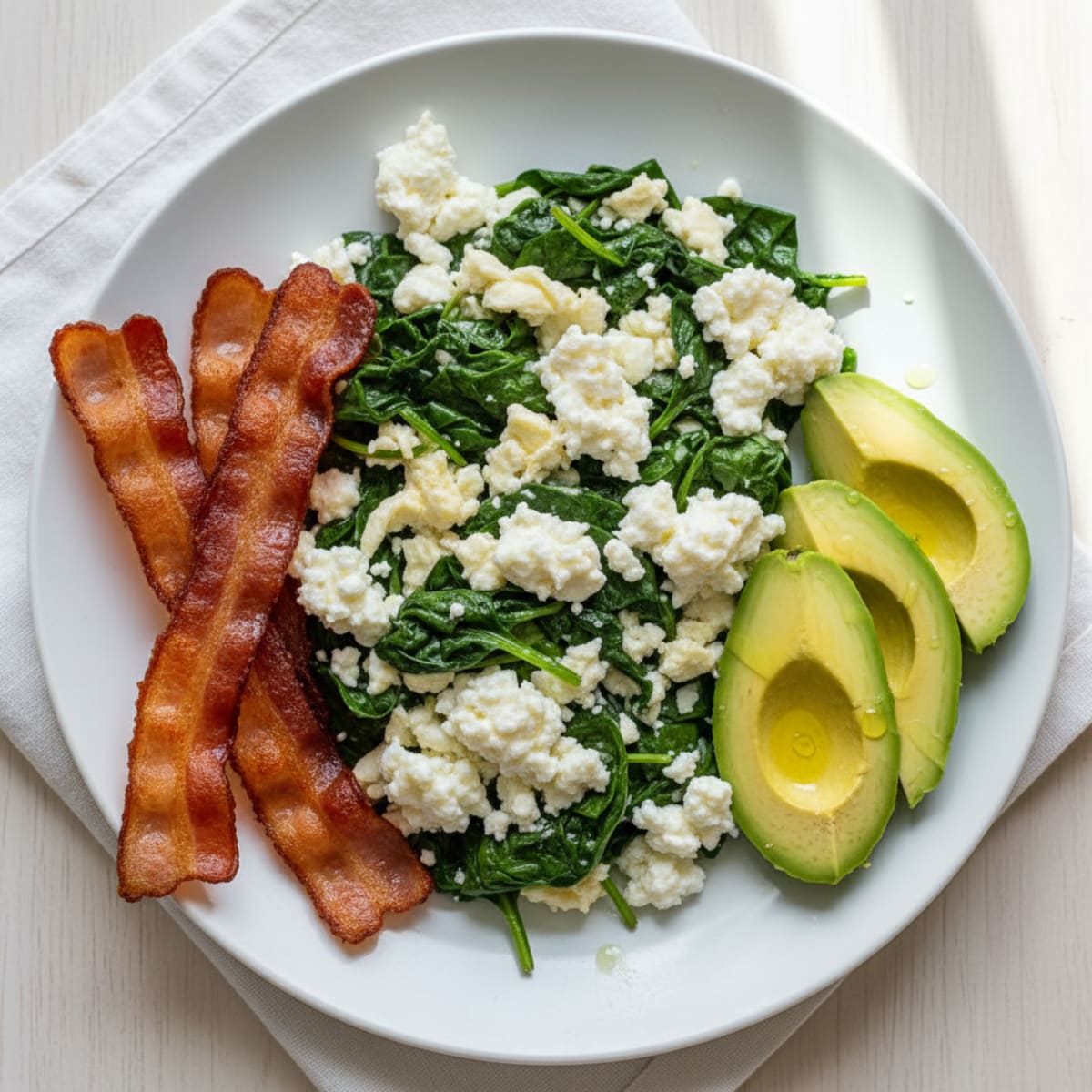 Egg White and Spinach Scramble with Cottage Cheese and Turkey Bacon