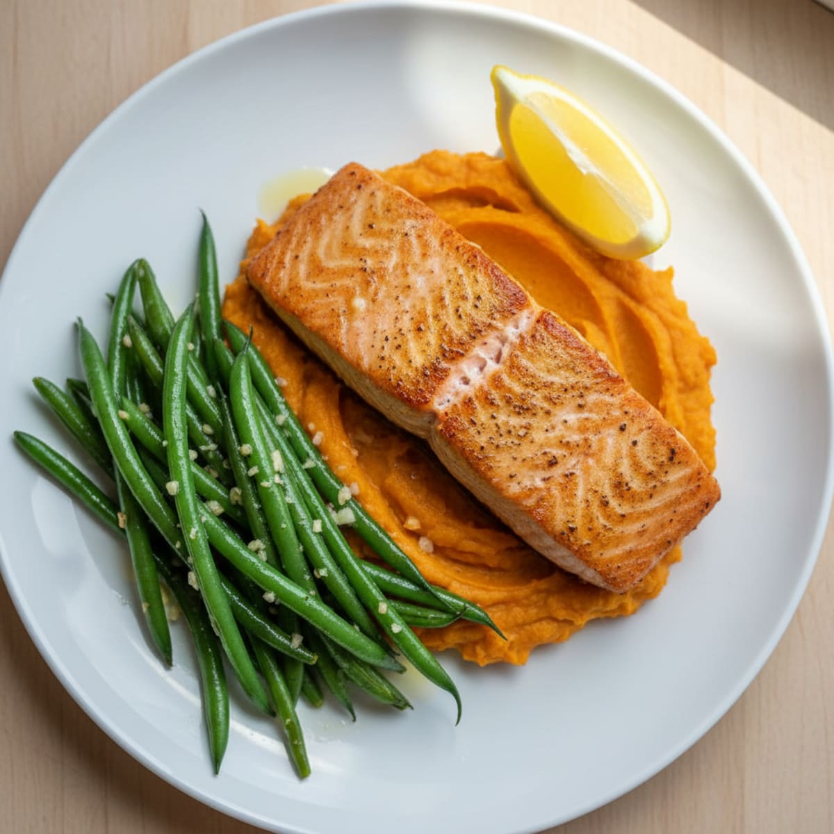 Seared Salmon with Garlic Green Beans and Sweet Potato Mash