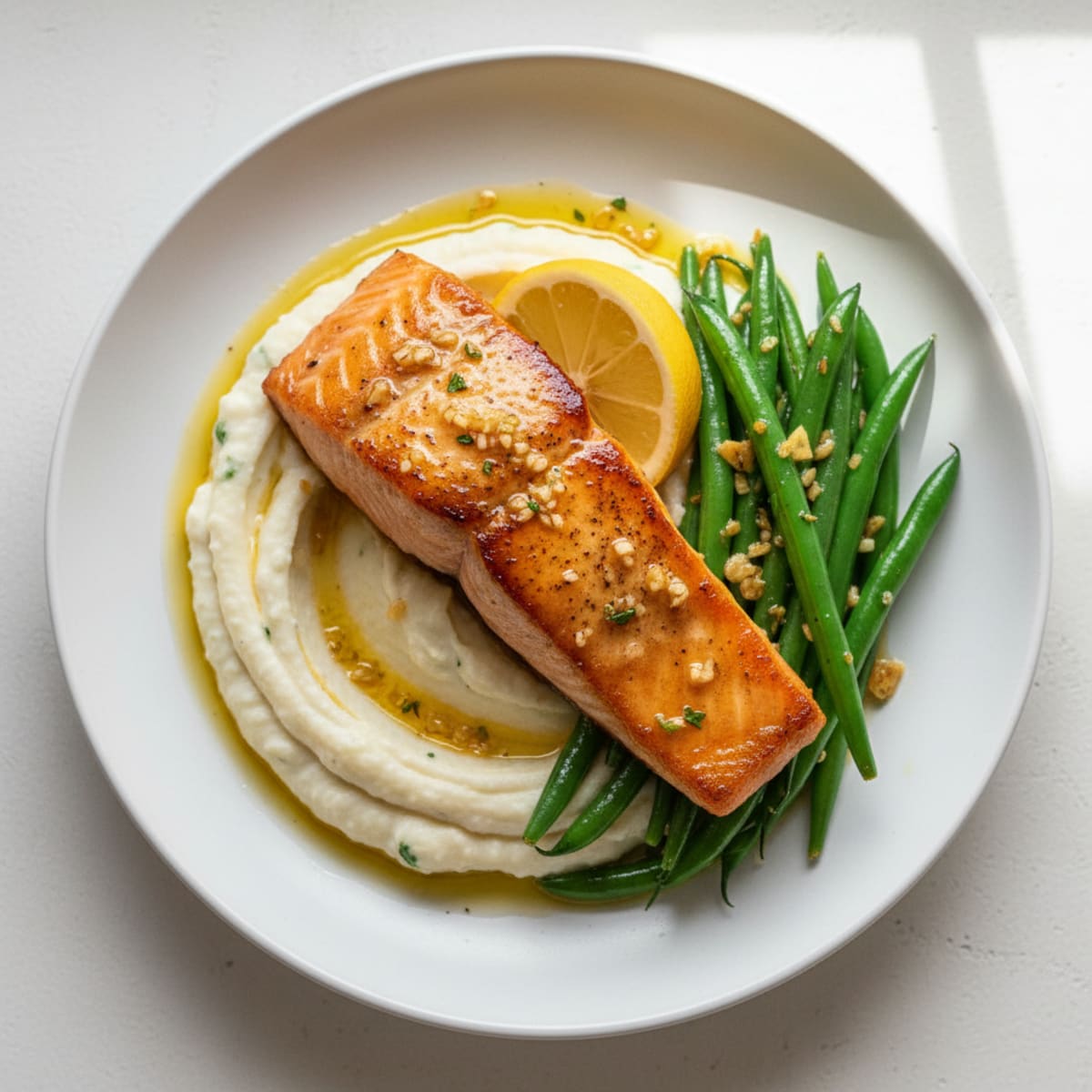 Seared Salmon with Garlic Green Beans and Cauliflower Mash