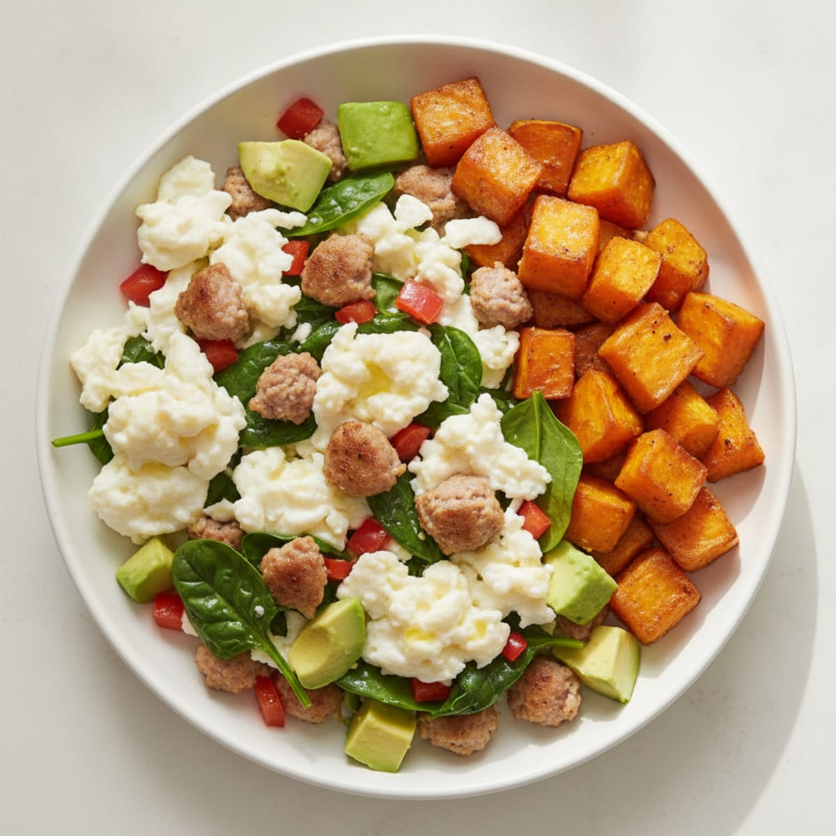 Egg White and Turkey Sausage Scramble with Spinach and Roasted Sweet Potato