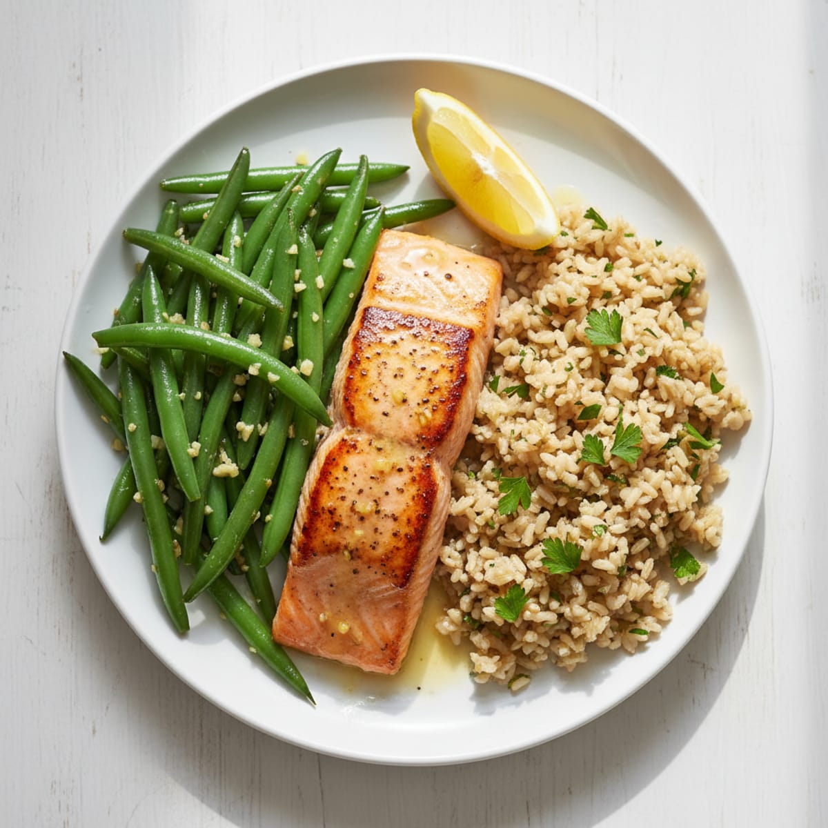 Pan-Seared Salmon with Garlic Green Beans and Herb Brown Rice
