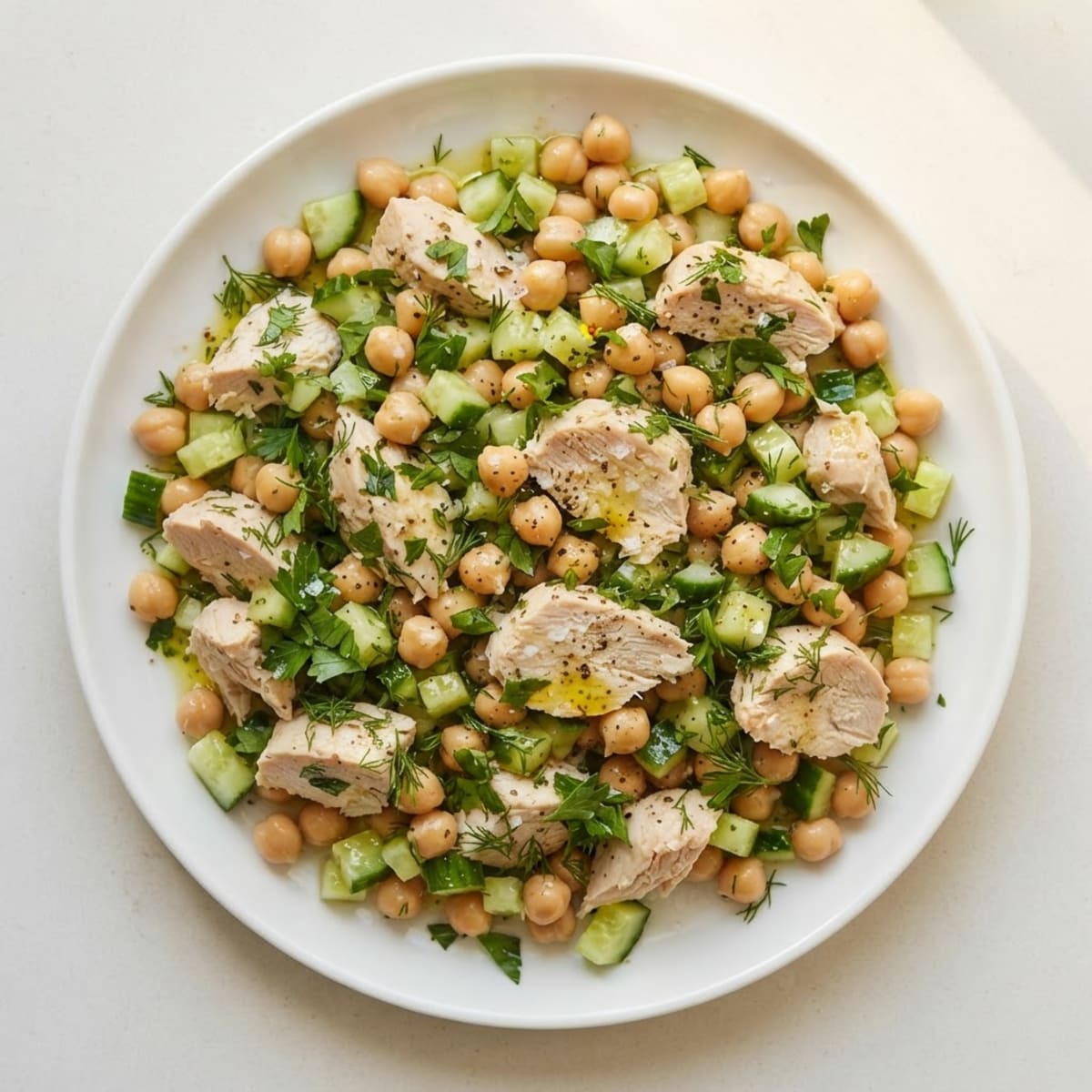Lemon Herb Chicken Salad with Chickpeas and Cucumber