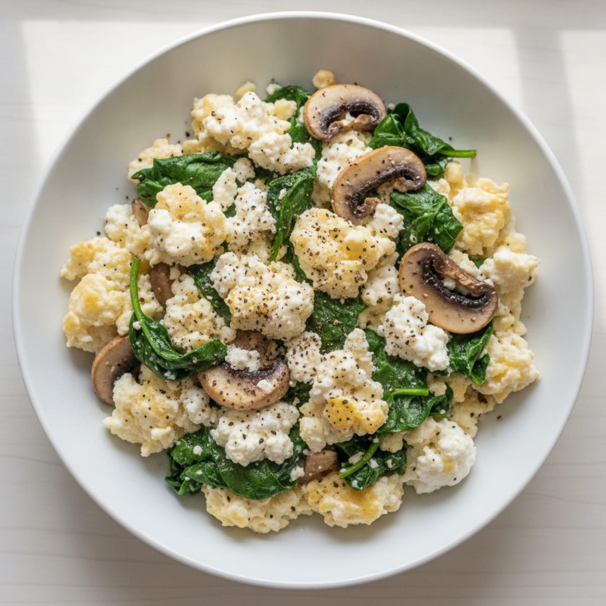 Egg White Spinach Scramble with Cottage Cheese and Sautéed Mushrooms