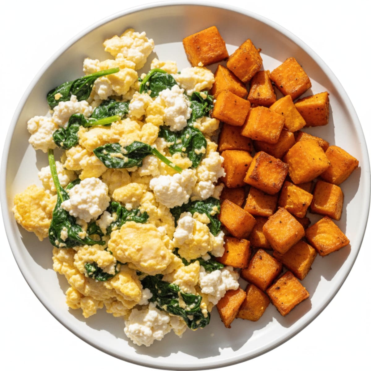 Cottage Cheese and Egg Scramble with Spinach and Roasted Sweet Potato