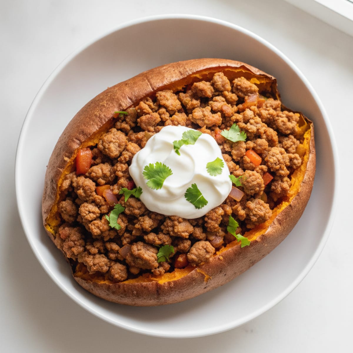 Southwestern Beef and Turkey Stuffed Sweet Potato