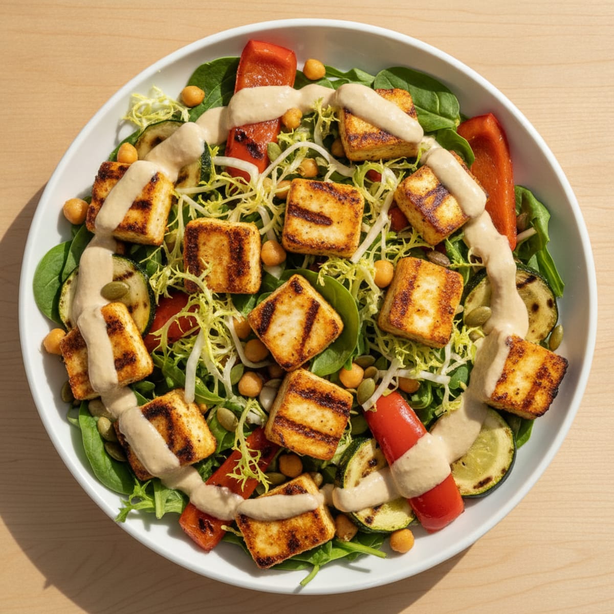 Grilled Paneer and Vegetable Salad with Hummus Dressing