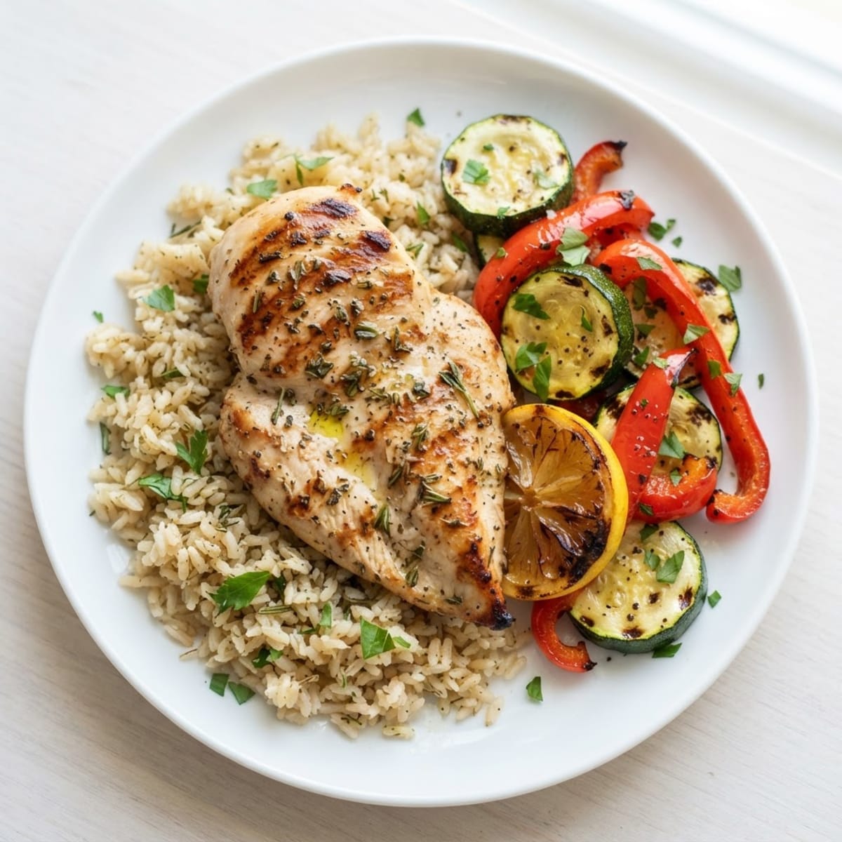 Grilled Chicken with Brown Rice and Roasted Vegetables