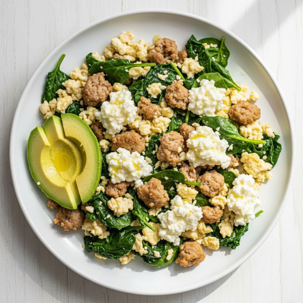 Egg White and Turkey Sausage Scramble with Spinach and Cottage Cheese