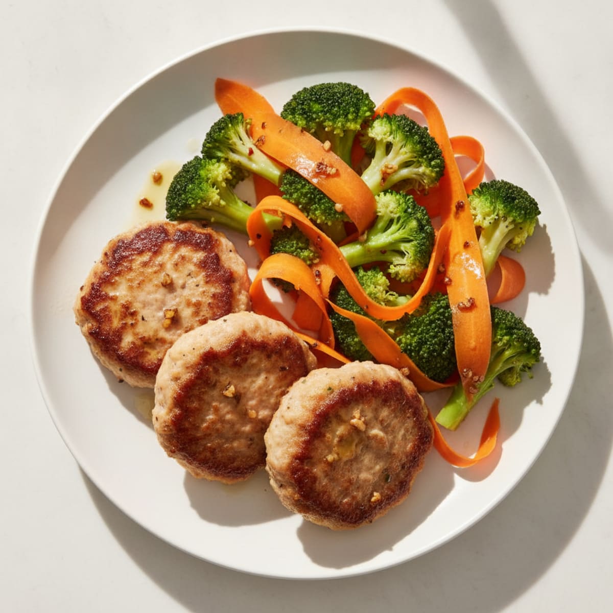 Seared Turkey Patties with Steamed Broccoli and Carrot Ribbons