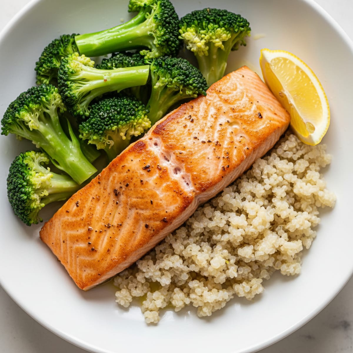 Seared Salmon with Steamed Broccoli and Quinoa