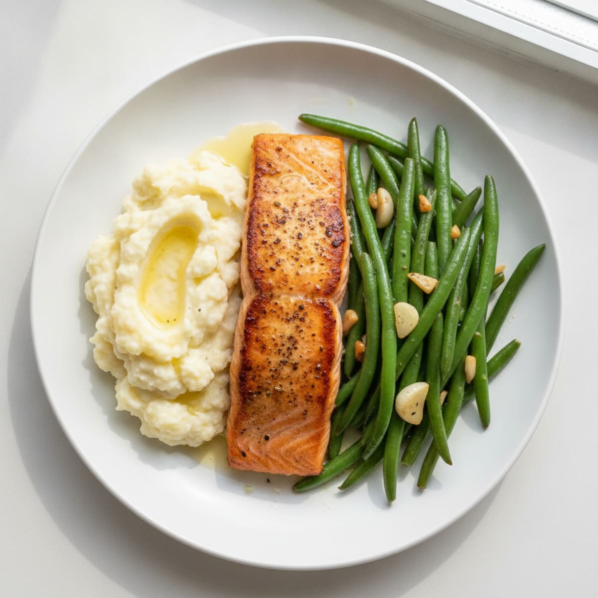 Seared Salmon with Garlic Green Beans and Mashed Cauliflower