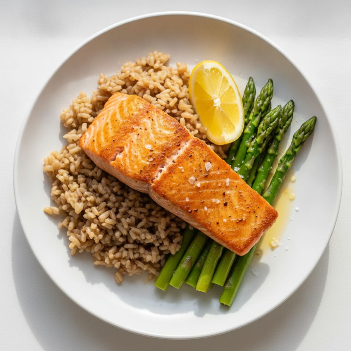 Seared Salmon with Steamed Asparagus and Brown Rice