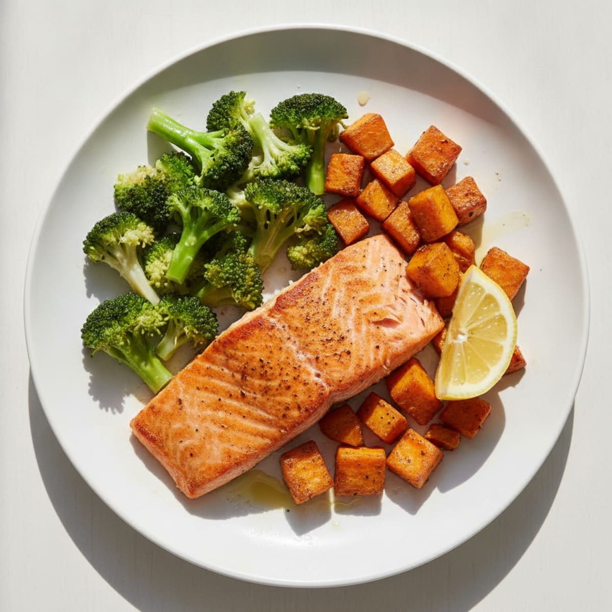 Seared Salmon with Steamed Broccoli and Roasted Sweet Potato