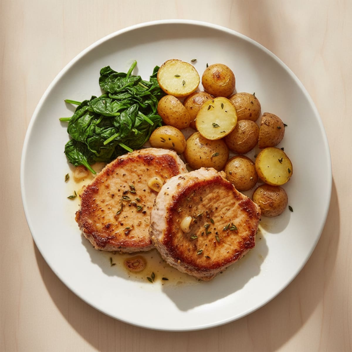 Pan-Seared Pork Carbonade with Roasted Potatoes and Spinach