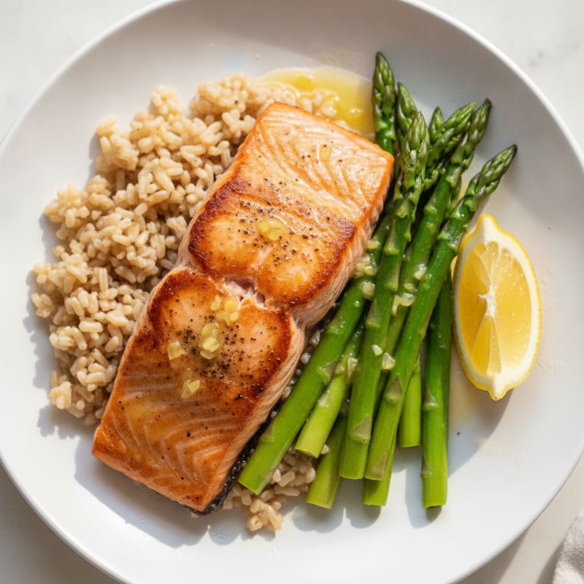 Seared Salmon with Steamed Asparagus and Brown Rice