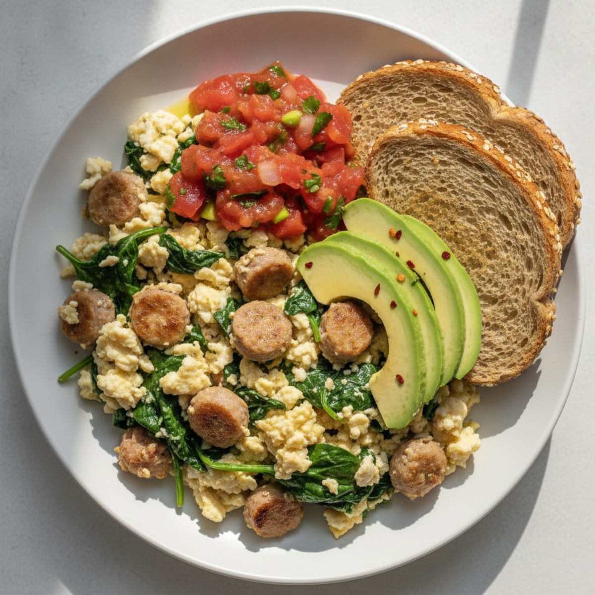 Egg White and Turkey Sausage Scramble with Spinach and Salsa