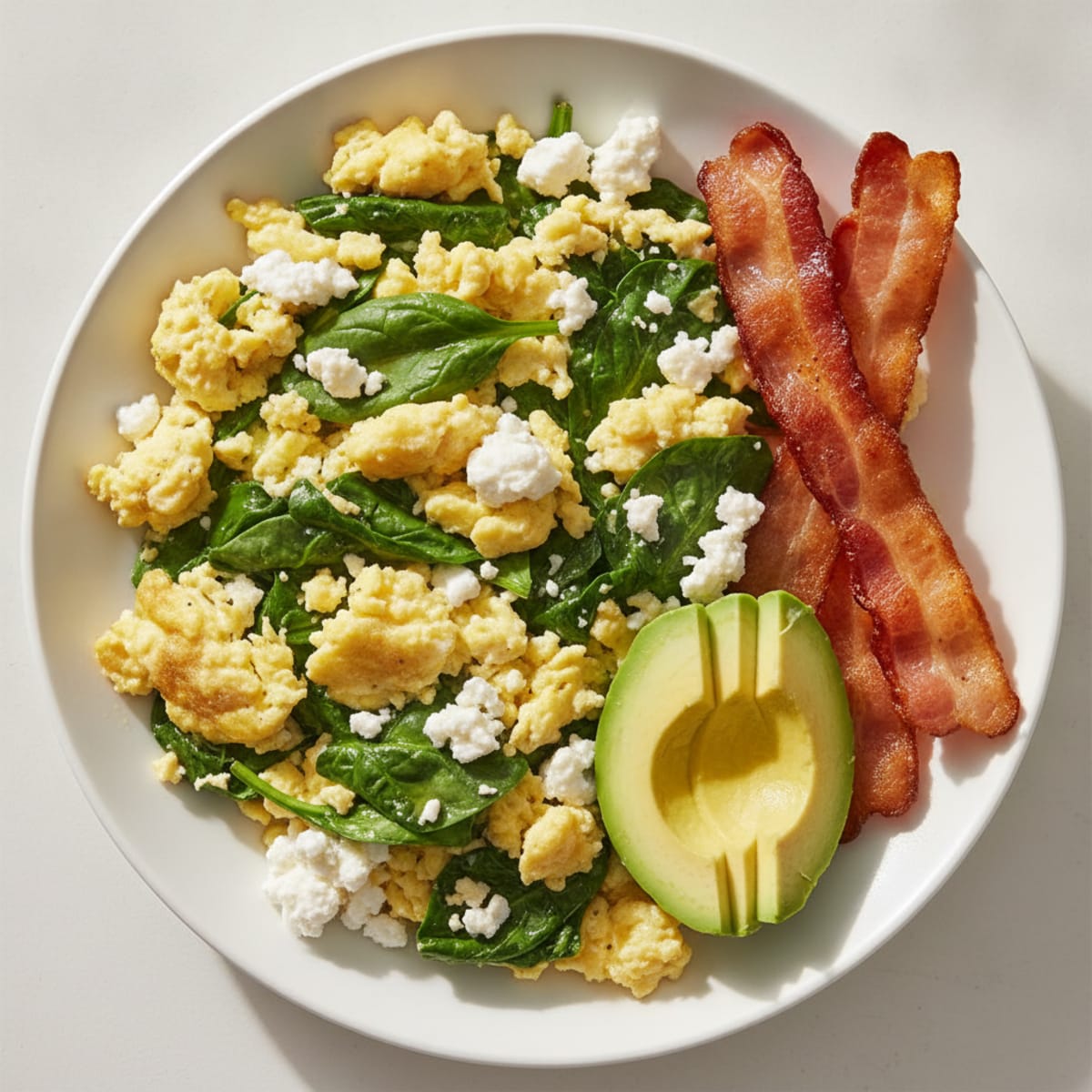 Cottage Cheese Egg Scramble with Spinach and Turkey Bacon