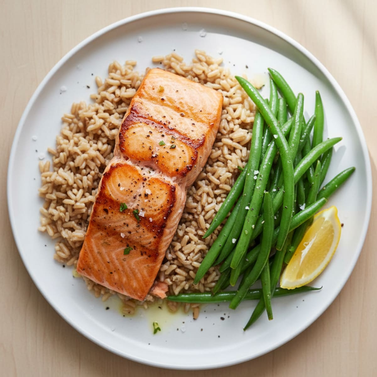 Seared Salmon with Steamed Green Beans and Brown Rice
