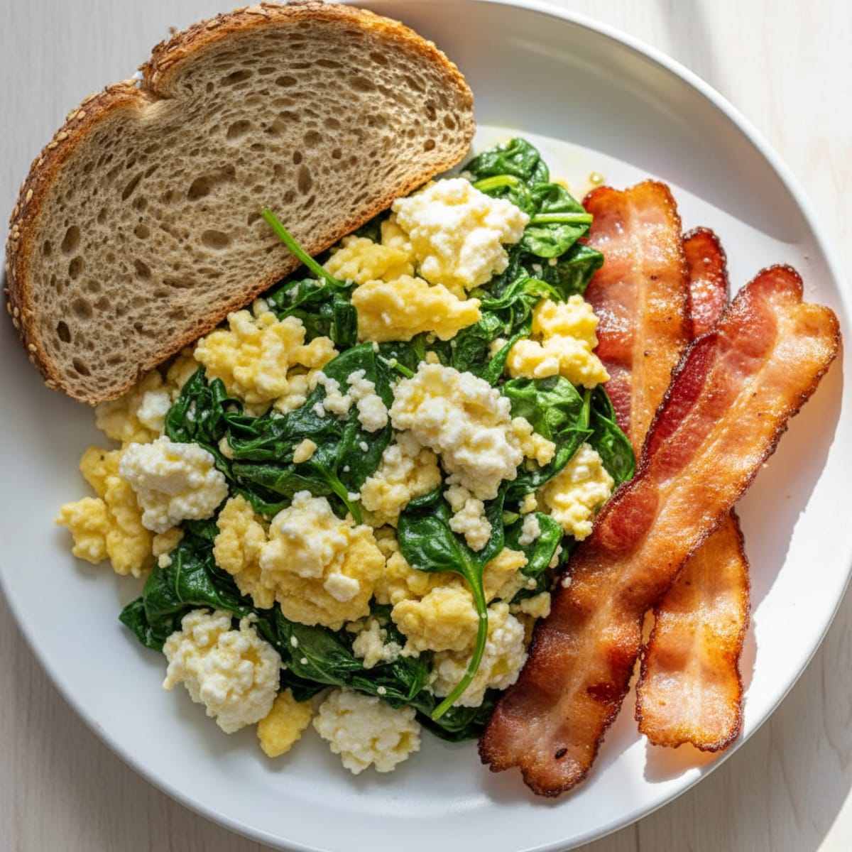 Cottage Cheese Scramble with Spinach and Turkey Bacon