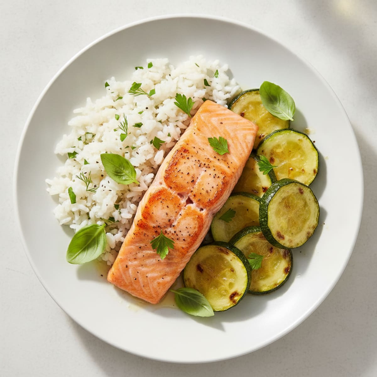 Seared Salmon with Herbed Rice and Roasted Zucchini