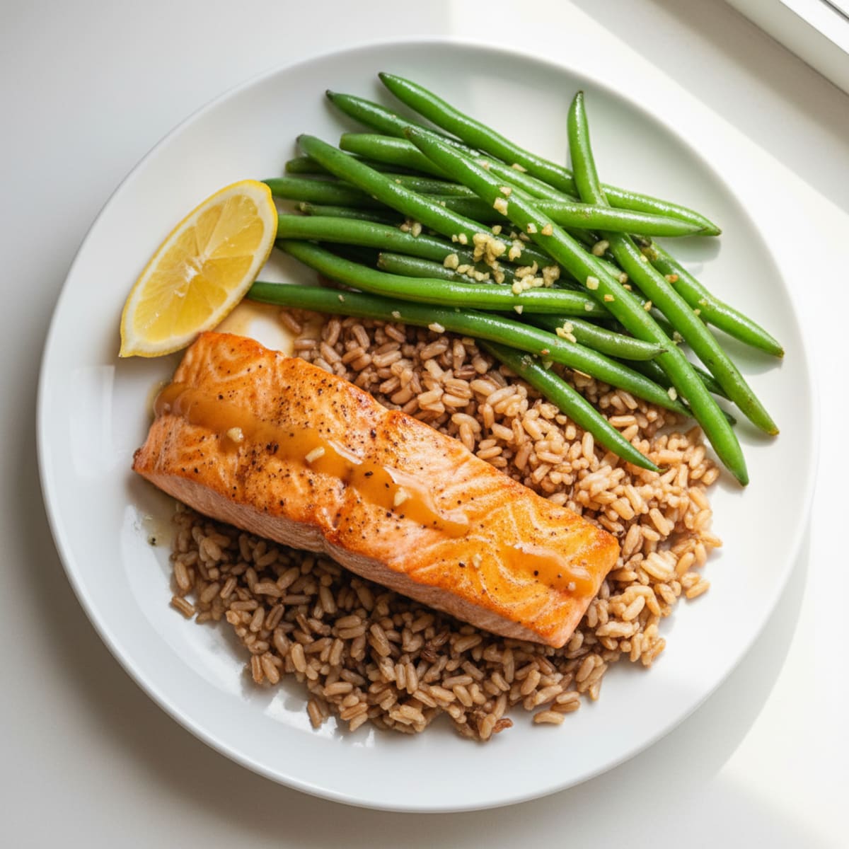 Seared Salmon with Garlic Green Beans and Brown Rice