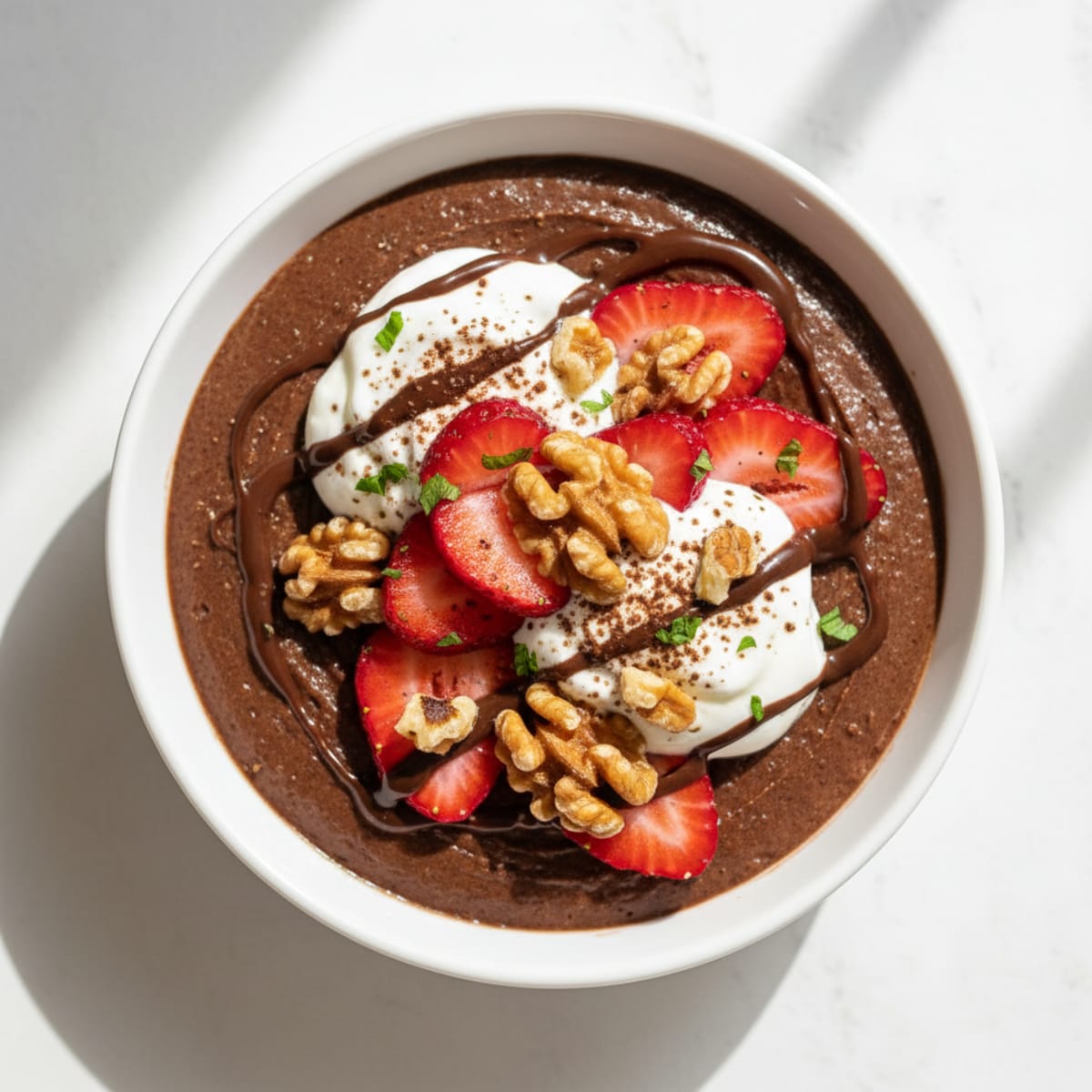 Chocolate Protein Pudding with Sliced Strawberries