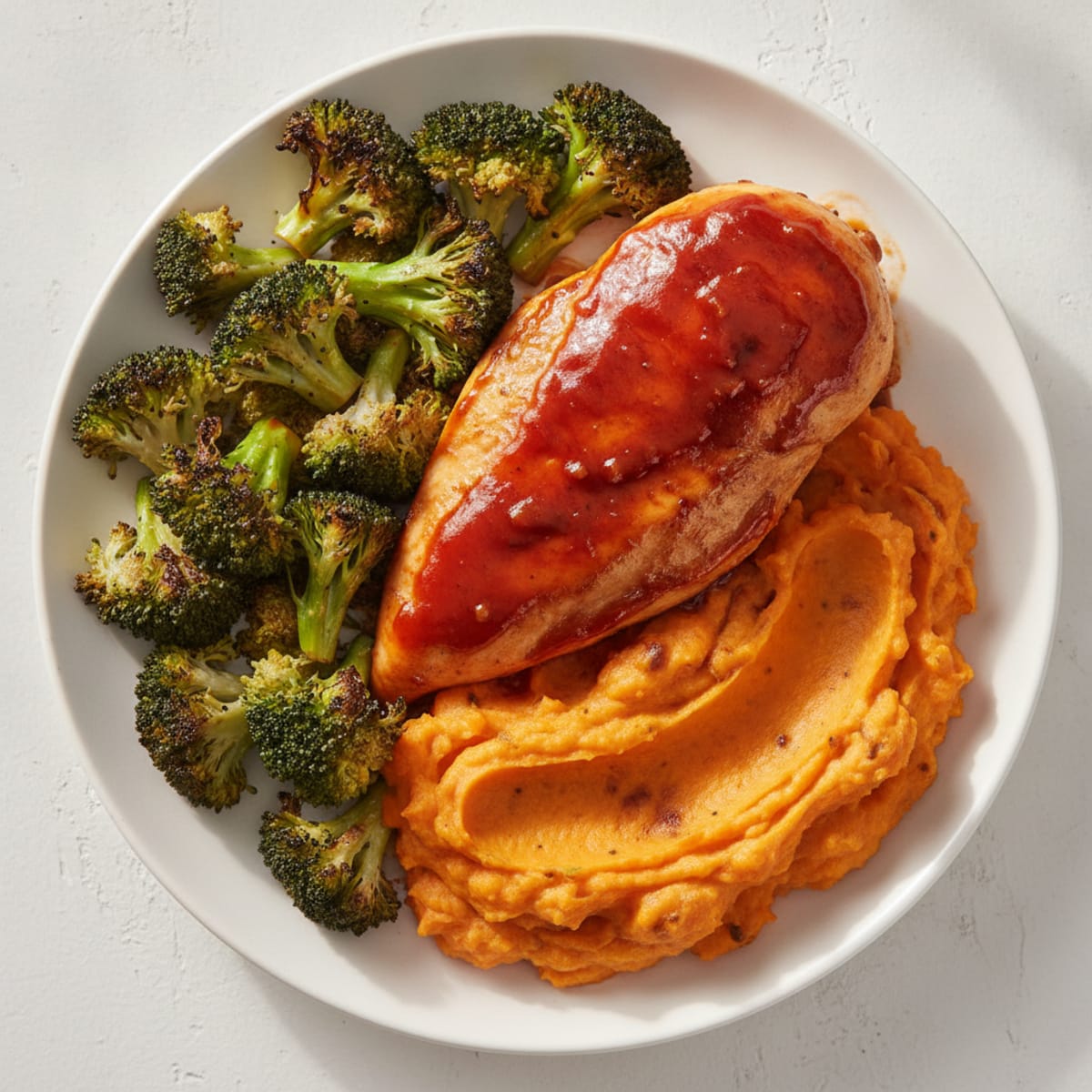 BBQ Chicken Breast with Roasted Broccoli and Sweet Potato Mash
