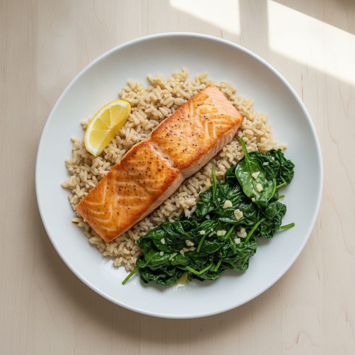Seared Salmon with Garlic Spinach and Brown Rice