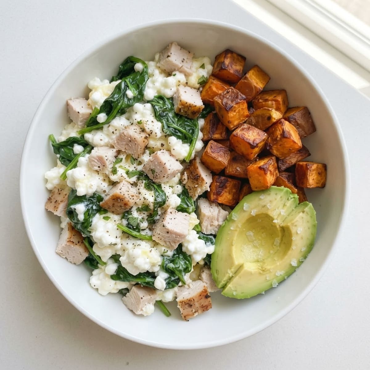 Cottage Cheese Egg White Scramble with Sautéed Spinach and Roasted Turkey Breast