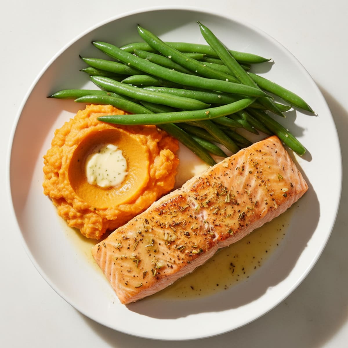 Baked Salmon with Steamed Green Beans and Sweet Potato Mash