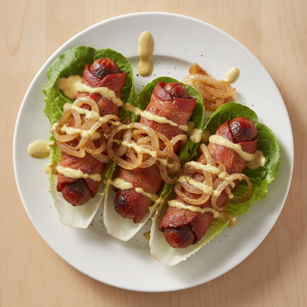 Bacon-Wrapped Hot Dogs with Caramelized Onions