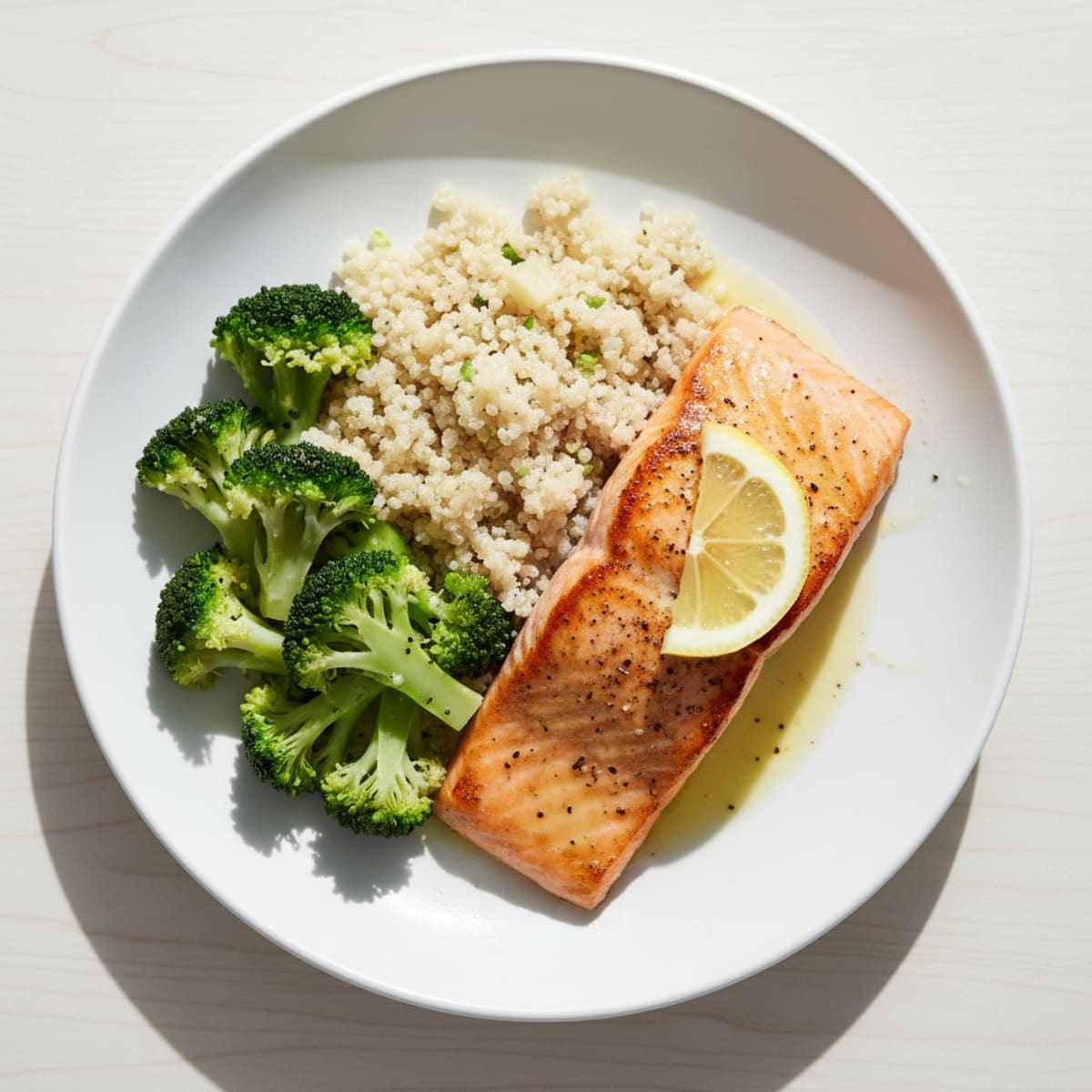 Seared Salmon with Steamed Broccoli and Quinoa