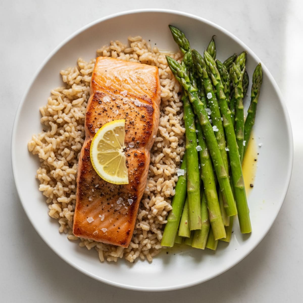 Seared Salmon with Steamed Asparagus and Brown Rice