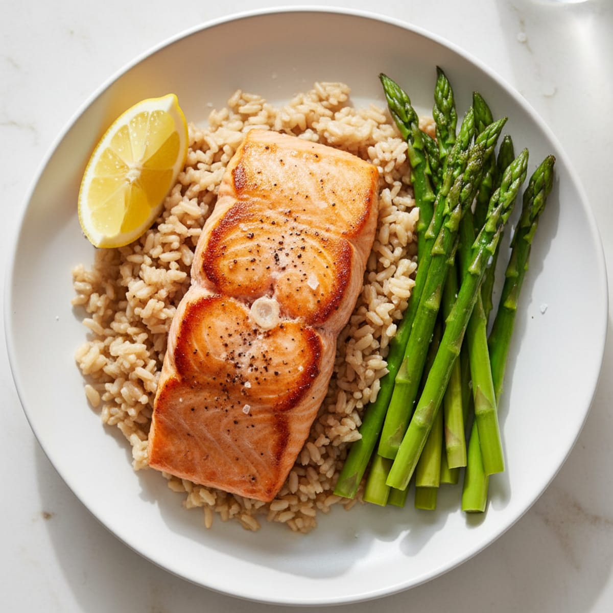 Seared Salmon Filet with Steamed Asparagus and Brown Rice