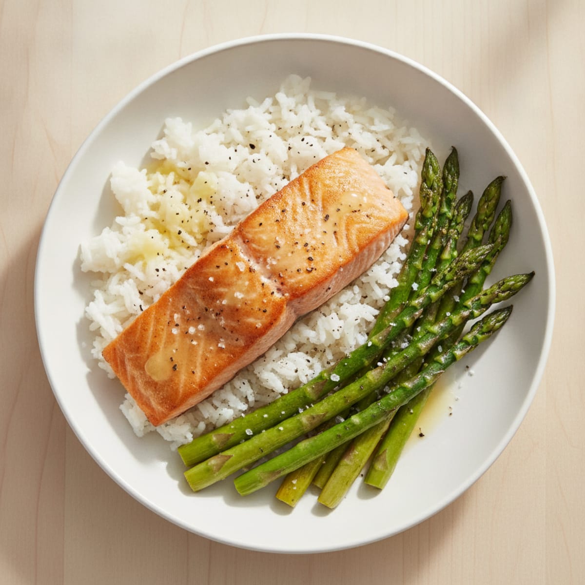 Pan-Seared Salmon with Roasted Asparagus and Rice