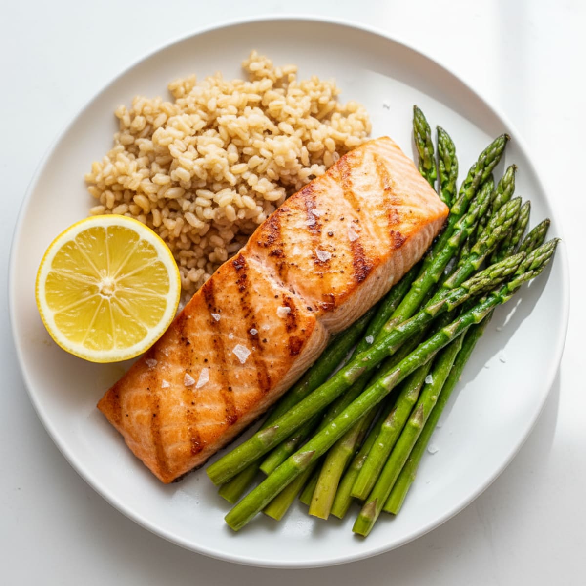 Seared Salmon with Steamed Asparagus and Brown Rice