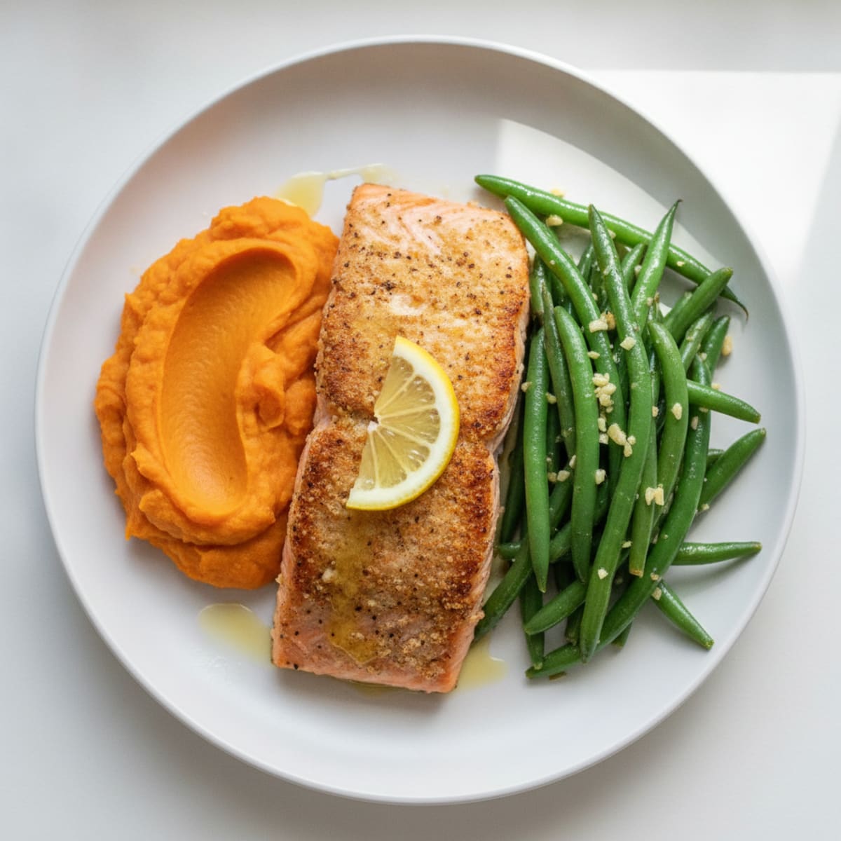 Seared Salmon with Garlic Green Beans and Mashed Sweet Potato