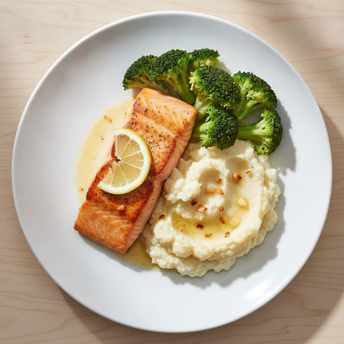 Seared Salmon with Steamed Broccoli and Garlic Mashed Cauliflower