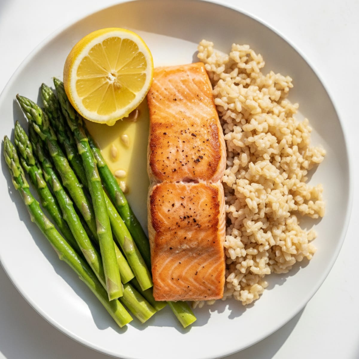 Seared Salmon with Steamed Asparagus and Brown Rice