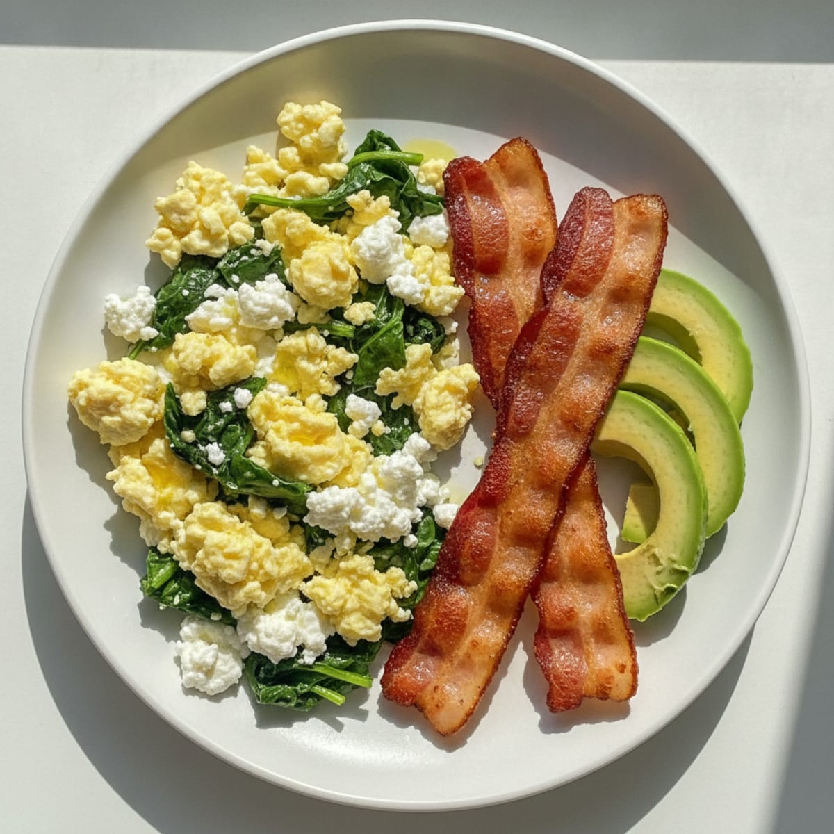 Cottage Cheese Egg Scramble with Spinach and Turkey Bacon