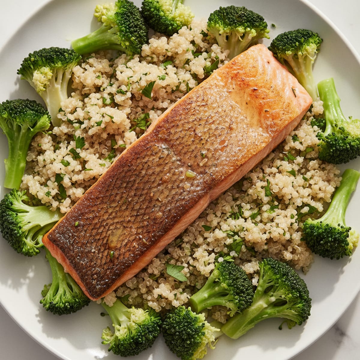 Seared Salmon with Steamed Broccoli and Herbed Quinoa
