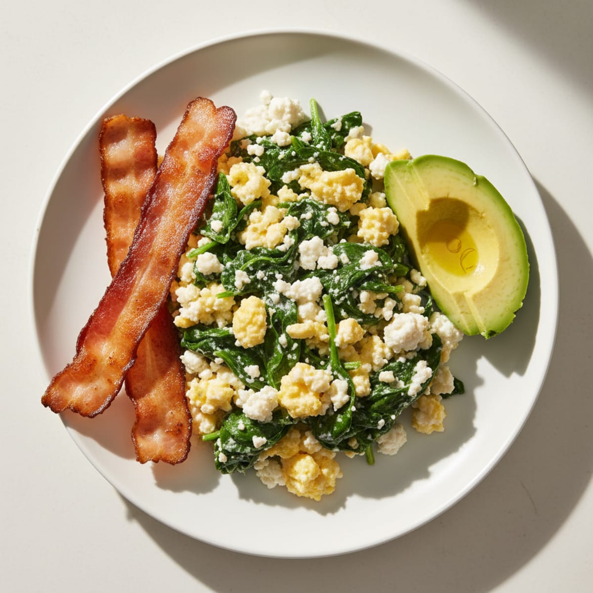 Cottage Cheese Egg Scramble with Spinach and Turkey Bacon